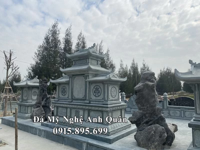 Xây Lăng thờ đá tam quan ba mái bằng đá xanh rêu Granite tại Làng đá Ninh Bình 19 Phia sau khu lang mo rat Uy nghi va long lay