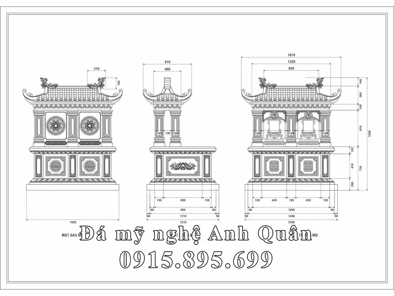 Bản vẽ chi tiết kích thước Mộ đá đôi 1 mái tại làng đá Ninh Bình.